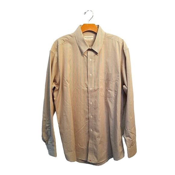 Hathaway Tan Check Pinpoint Oxford Button Down Shirt 17-35 8 0280 - Picture 1 of 5